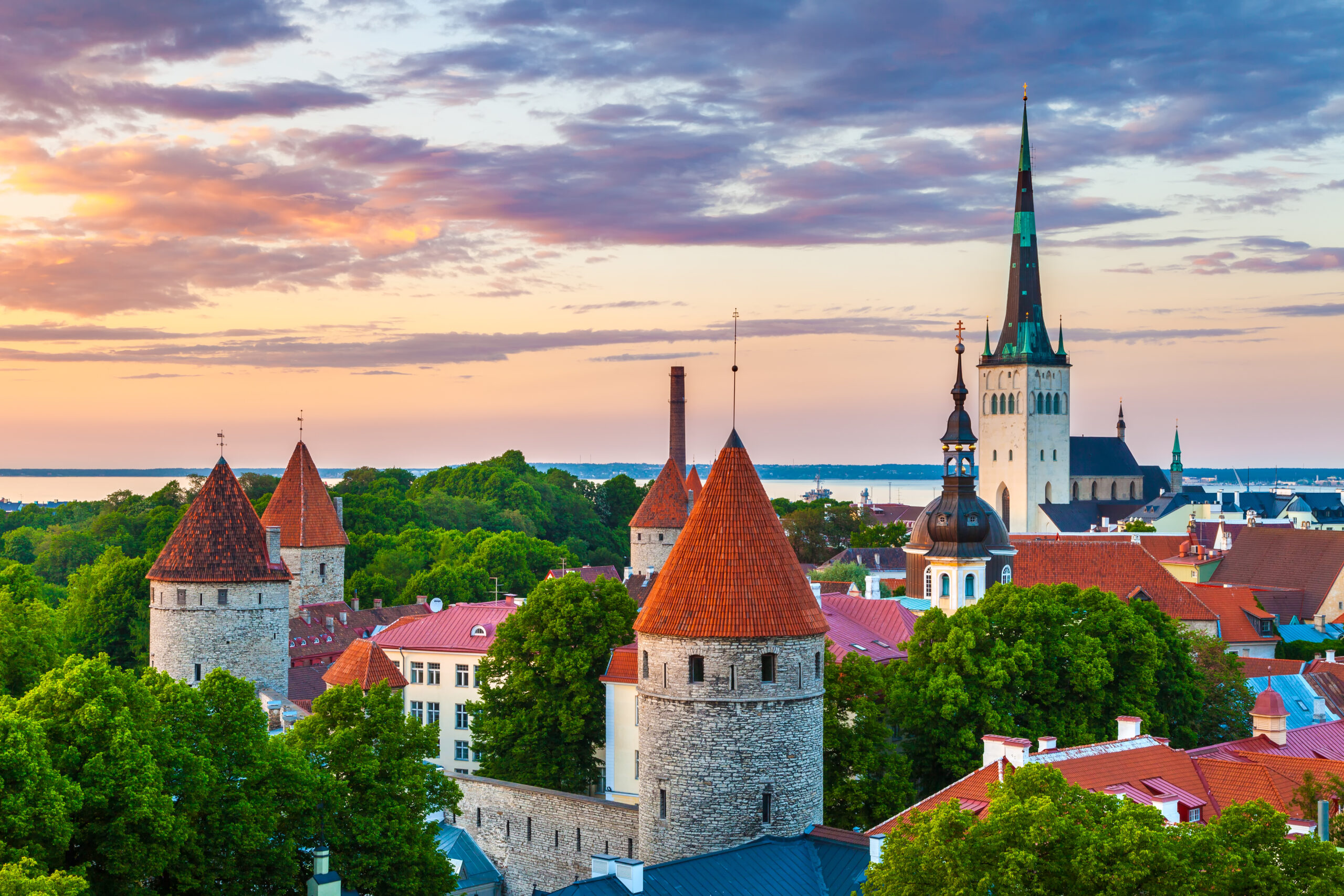 Cityscape of old town at sundown in Estonia.