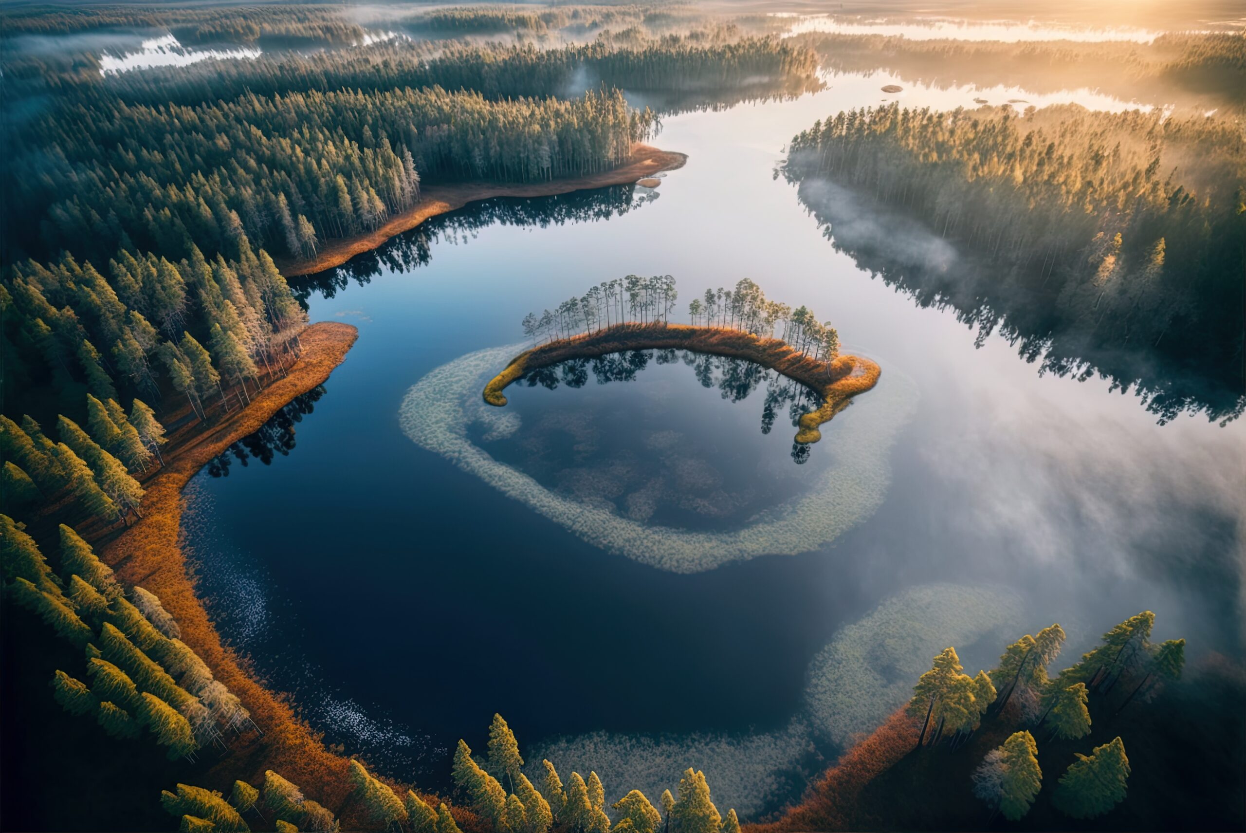 National Park, full of lakes in Estonia, seen from above on a misty morning.