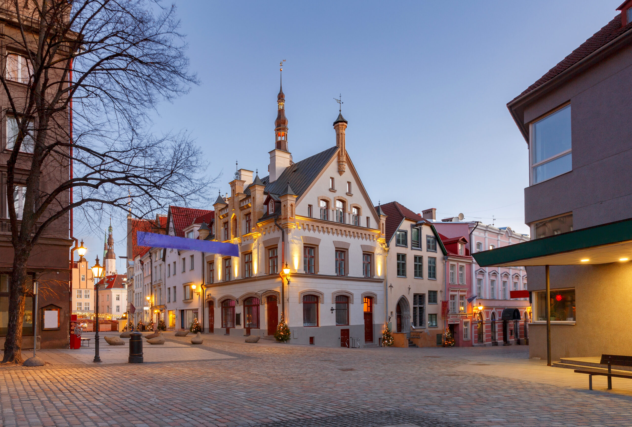 Old medieval street in Estonia at dawn.